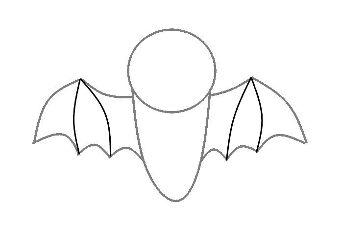 Outline of a bat’s head, body, and detailed wings on a white background.