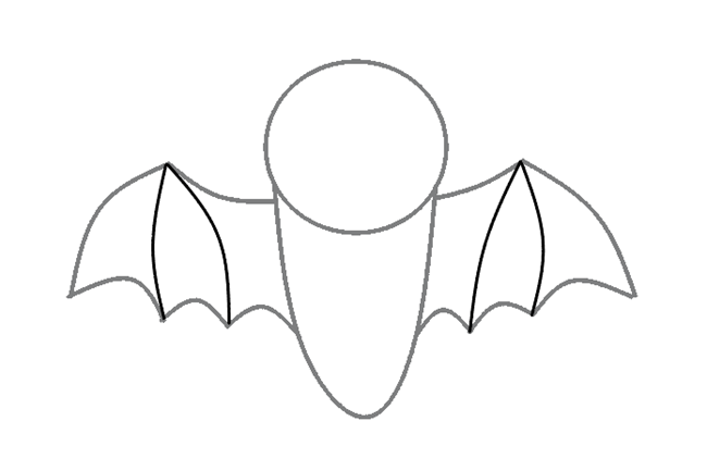 Outline of a bat’s head, body, and detailed wings on a white background.
