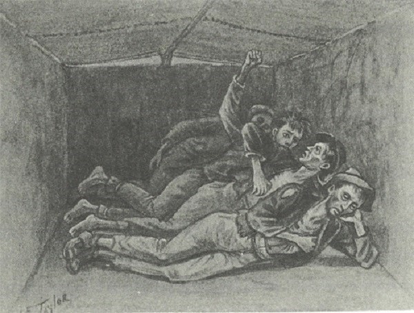 Several men laying down, locked in a small, confined space. (Courtesy of the Lackawanna Historical Society) Several men laying down, locked in a small, confined space. (Courtesy of the Lackawanna Historical Society)
