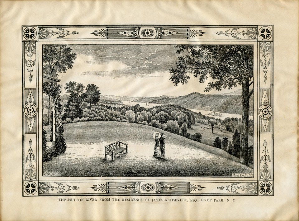 A print of a man and woman with umbrella looking over a view with distant river.
