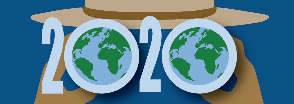 Earth Day 2020 Logo Hands holding text "2020" up to a ranger hat rim. Zeros in "2020" are globes