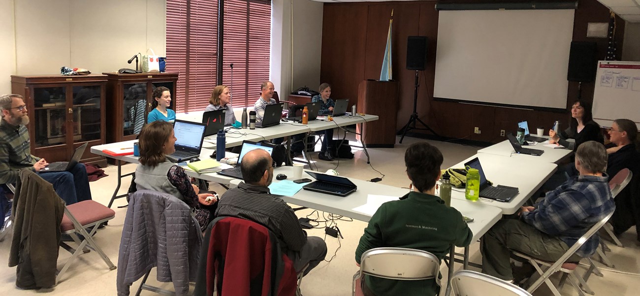 Eastern Forest Monitoring Working Group People sitting around a conference table with laptops open looking at video screen.