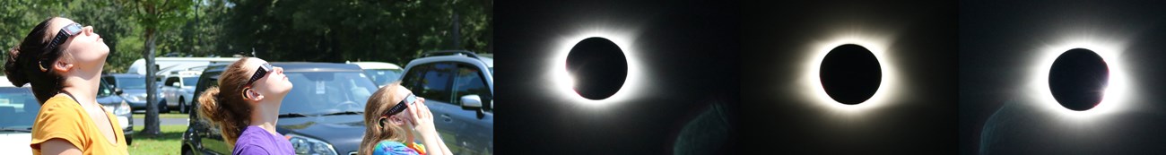 Watching the solar eclipse of August 2017. Three girls staring at the sky with three shots of solar eclipse.