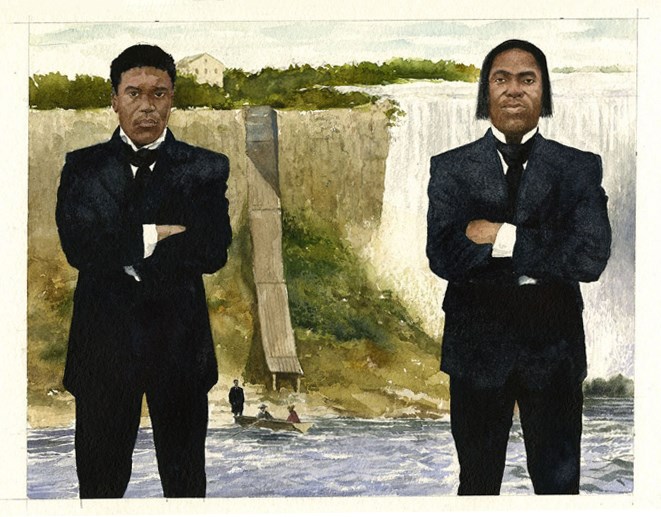 Illustration of two men in suits standing in front of the Niagara Falls.