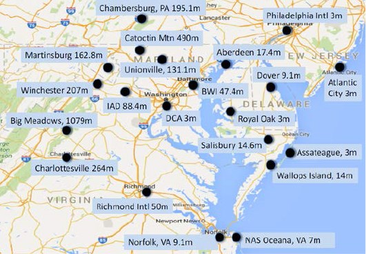 Map showing the elevations of 21 Mid-Atlantic weather stations.