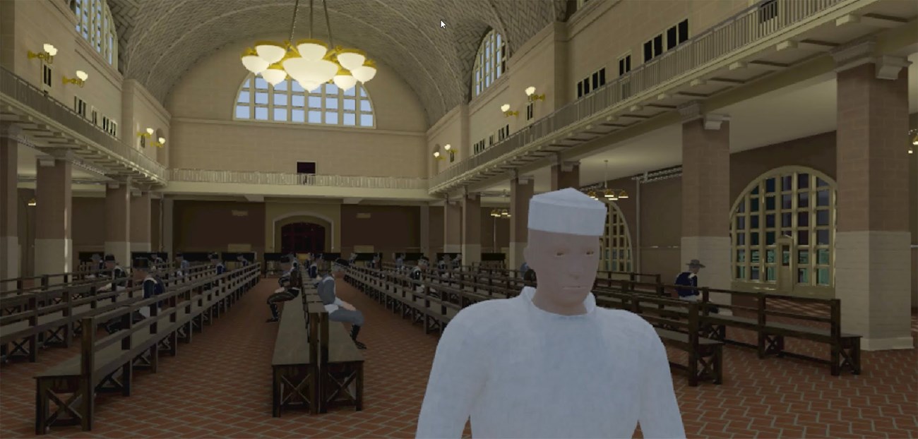 Rows of chairs and a man in uniform inside the computerized image of the Great Hall.
