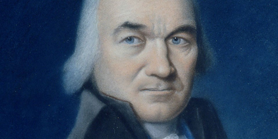 Detail, color portrait of Oliver Ellsworth showing a man with white hair in a high collared coat.