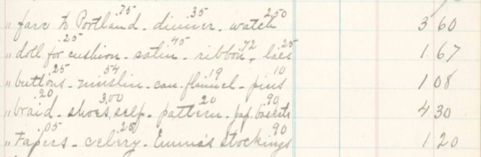 Emma Calhoun excerpt Handwritten excerpt from Emma Calhoun's ledger listing purchases: fare to Portland, dinner, watch, doll for cushion, satin, ribbon, lace.