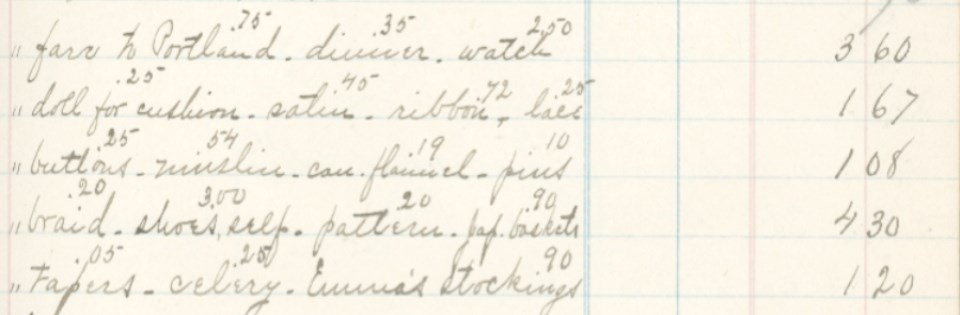 Handwritten excerpt from Emma Calhoun's ledger listing purchases: fare to Portland, dinner, watch, doll for cushion, satin, ribbon, lace.