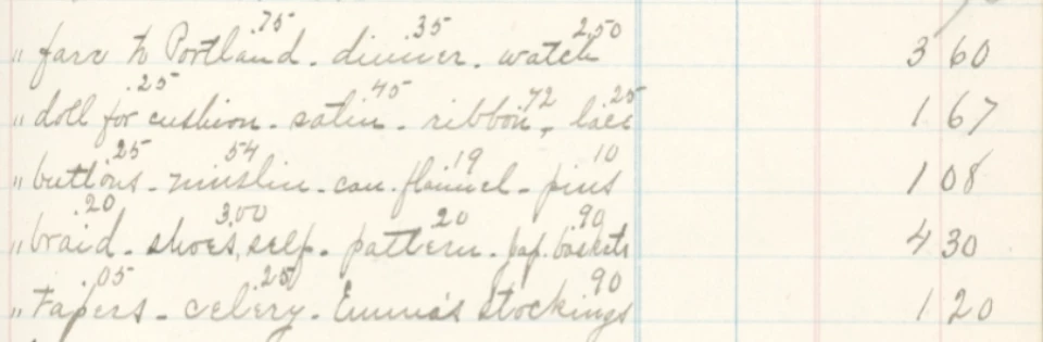 Emma Calhoun excerpt Handwritten excerpt from Emma Calhoun's ledger listing purchases: fare to Portland, dinner, watch, doll for cushion, satin, ribbon, lace.