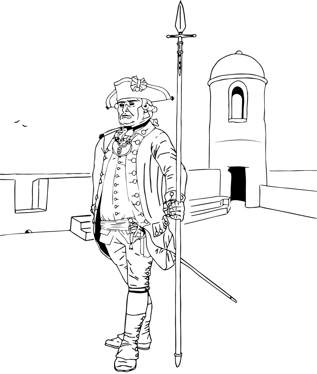 Coloring Page of 1776 English Officer in uniform on Castillo's gun deck.