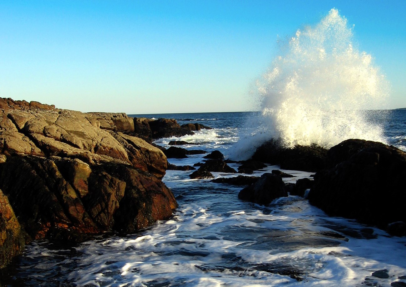 A wave crashes against the shore at Acadia National Park