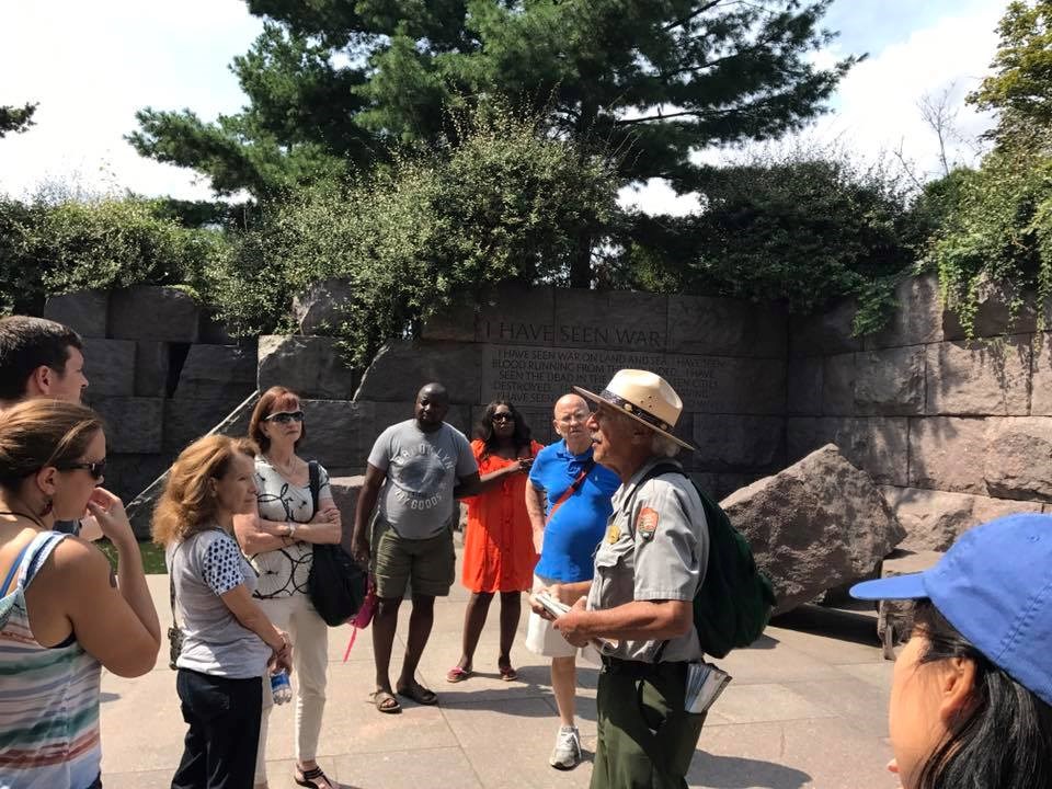 Ranger giving a talk to visitors at the Franklin Delano Roosevelt Memorial
