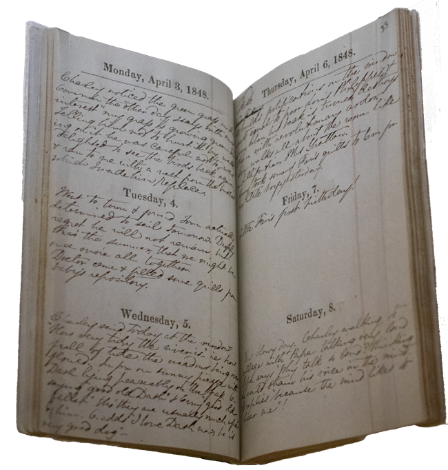 Chronicles of the Children journal An open journal, with handwritten anecdotes of activities of the day.