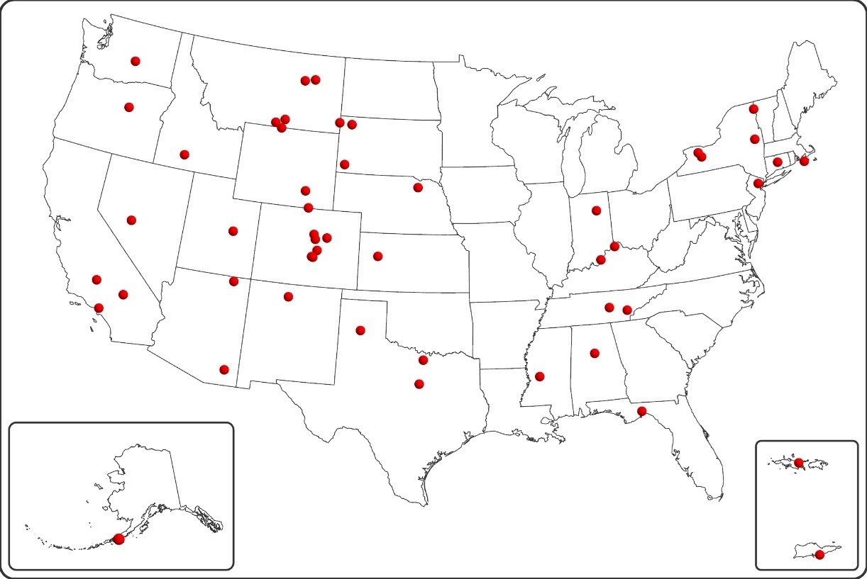map of the us with points indicating the location of landmark sites