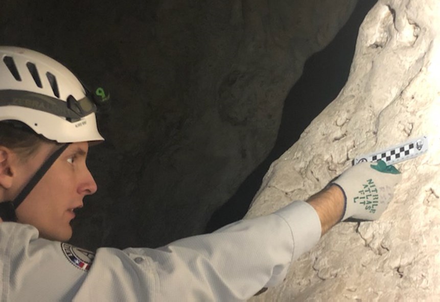 person holding scale bar up to a cave wall