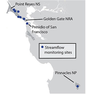 Map showing that streamflow monitoring occurs in GOGA, PORE, PINN, and the Presidio.