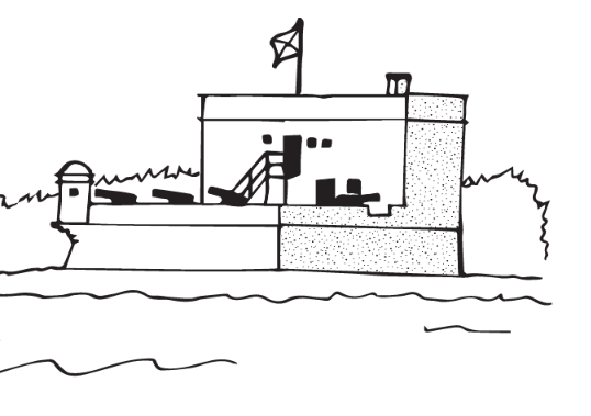Coloring Page of Cartoon Fort Matanzas NM includes image of fort, with cannons on gun deck near the watch tower and on the top level a flag is flying. It is surrounded by water and tree outlines.