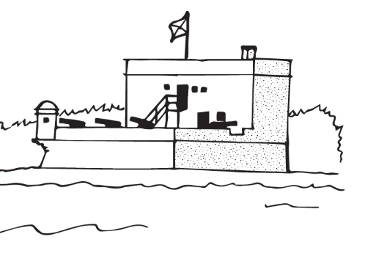 Coloring Page of Cartoon Fort Matanzas NM Coloring Page of Cartoon Fort Matanzas NM includes image of fort, with cannons on gun deck near the watch tower and on the top level a flag is flying. It is surrounded by water and tree outlines.