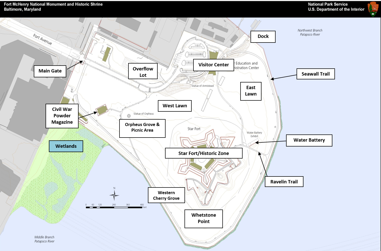 Overview map of the grounds of Fort McHenry with structures, areas, and trail identified.