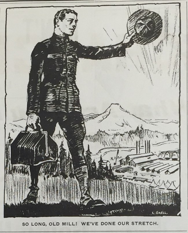 Photograph of a newspaper cartoon drawing showing a man waving goodbye to the Spruce Mill. The caption reads "So long, old mill. We've done our stretch."