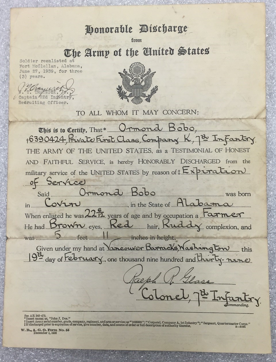 Photo of discharge document.