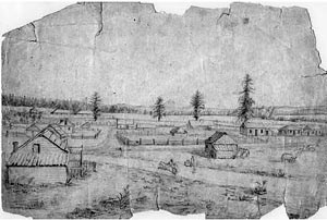 George Gibbs' 1851 illustration of Fort Vancouver's Village.