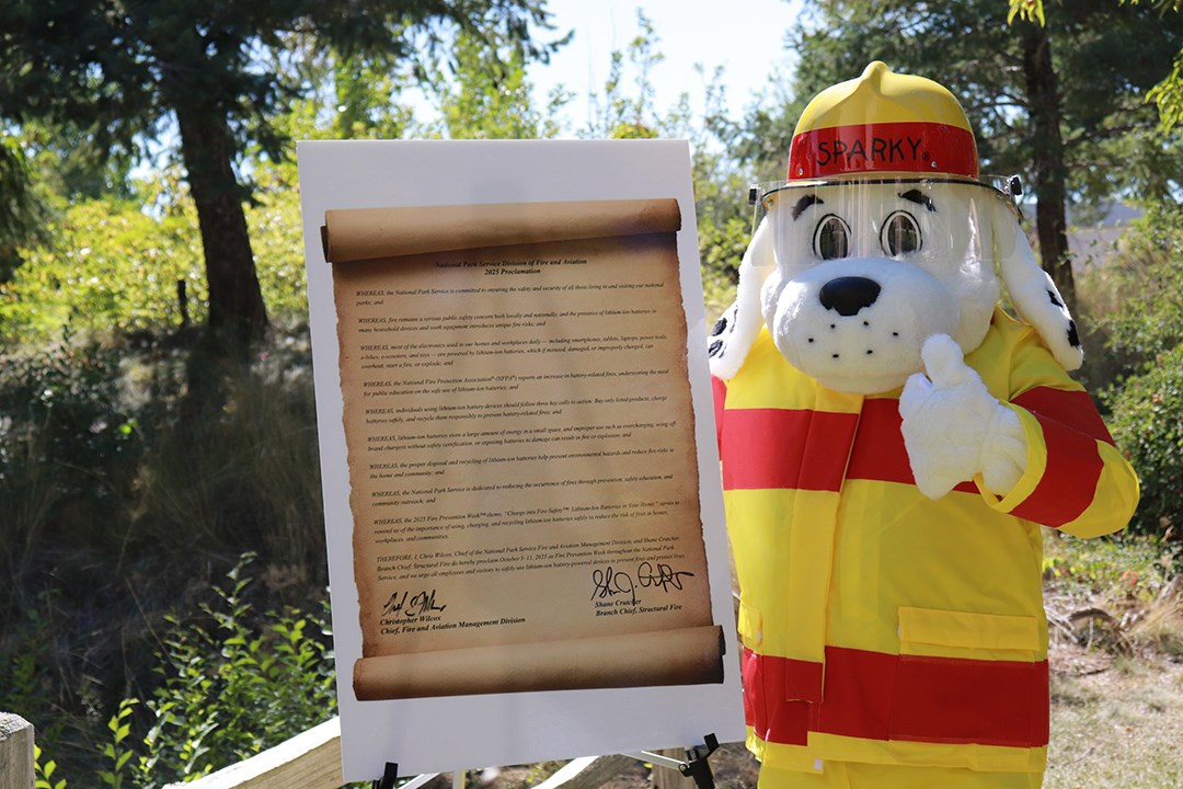 Sparky the Fire Dog stands beside a poster-sized print of the Fire Prevention Week proclamation.