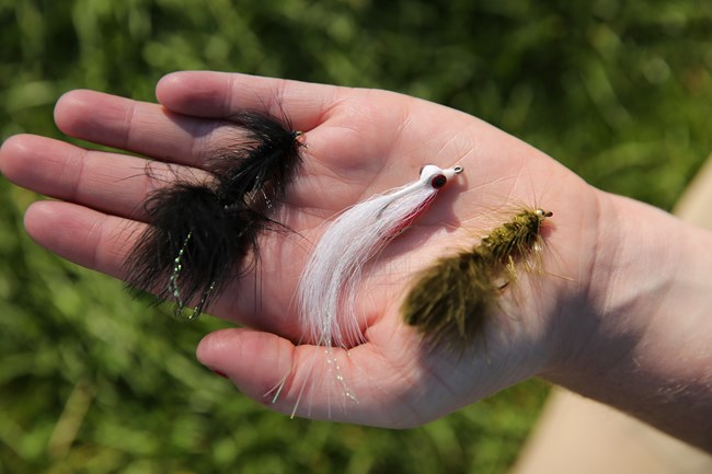 An angler holds an assortment of large streamers in their hand. The flies are about two inches long.