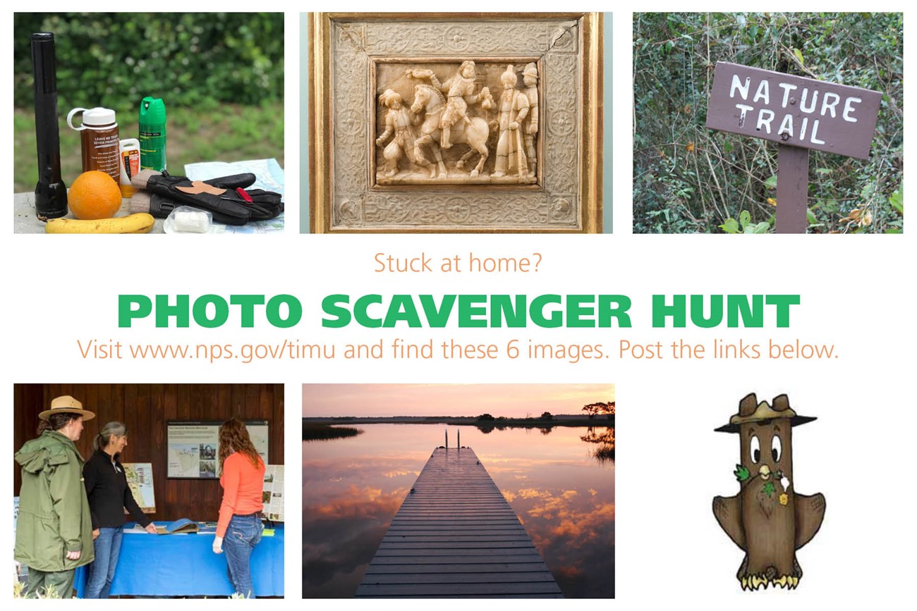 a selection of 6 photos 1 safety supplies 2 an alabaster carving 3 a nature trail sign 4 a ranger talking to people at a table 5 a dock with pink sky and 5 a cartoon owl in a ranger hat