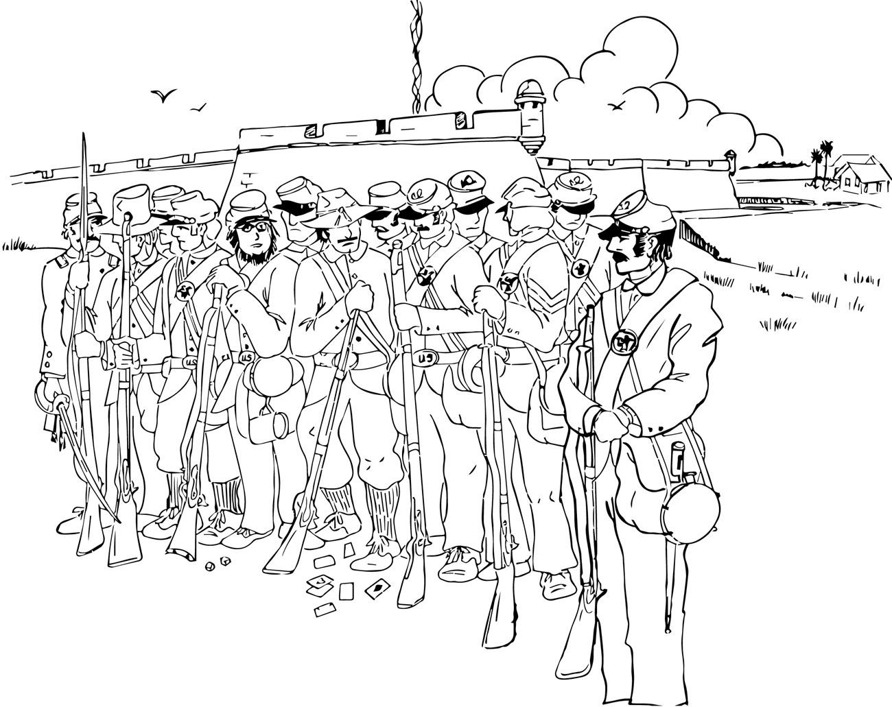 Coloring Page of a dozen Federal Troops in 1862 standing in front of the fort.