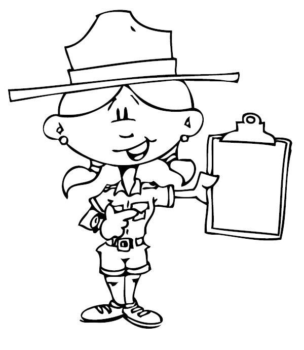Coloring Page of a Cartoon Female Park Ranger that includes a smiling ranger wearing a flat hat, ranger uniform and holding a clipboard.