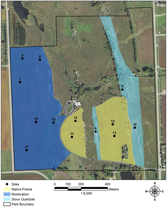 Map of prairie plant monitoring sites A map of the park with three monitoring sites marked in Sioux Quartzite prairie, four sites marked in native prairie, and six sites marked in restored prairie.