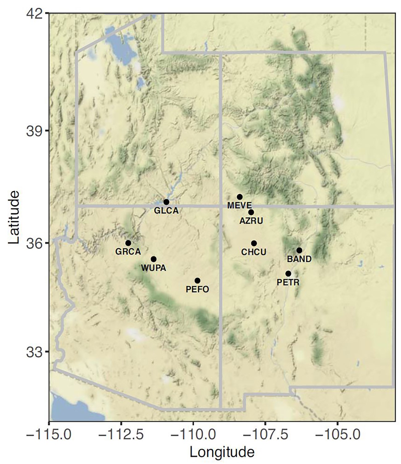 SCPN parks in this study Relief map with locations of national parks involved in this study.