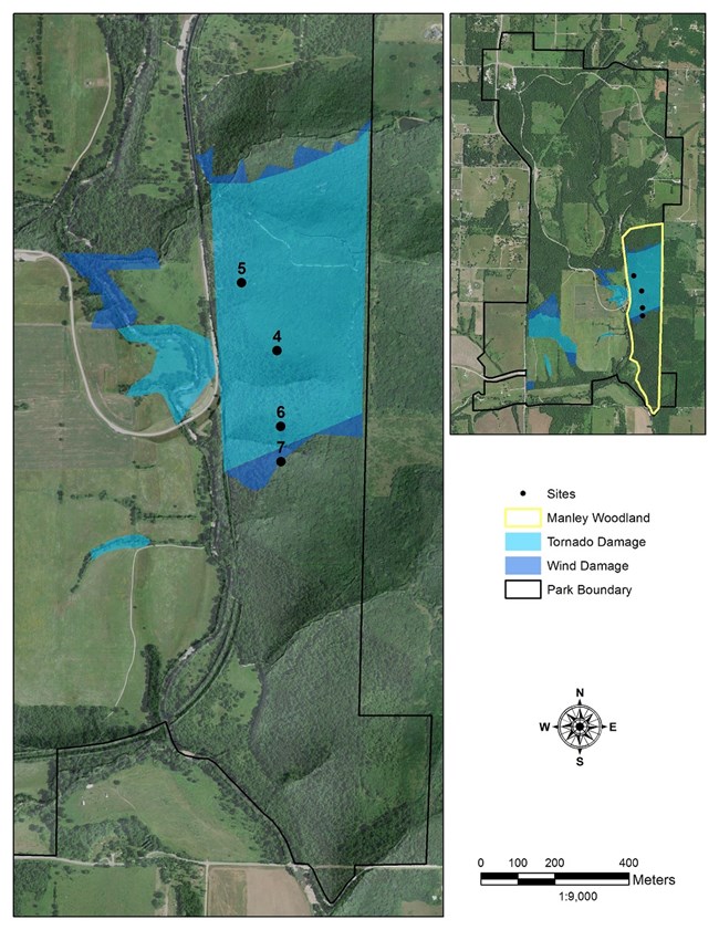 Inset of Wilson’s Creek National Battlefield on the right and magnification of Manley Woods with sample sites labeled on the left (2016 image).