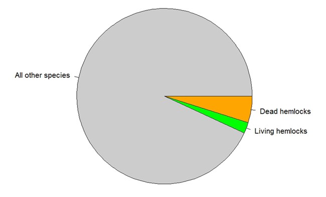 Hemlocks as proportion of all standing trees A pie chart showing all other tree species (most of pie) in relation to dead and living hemlock trees.