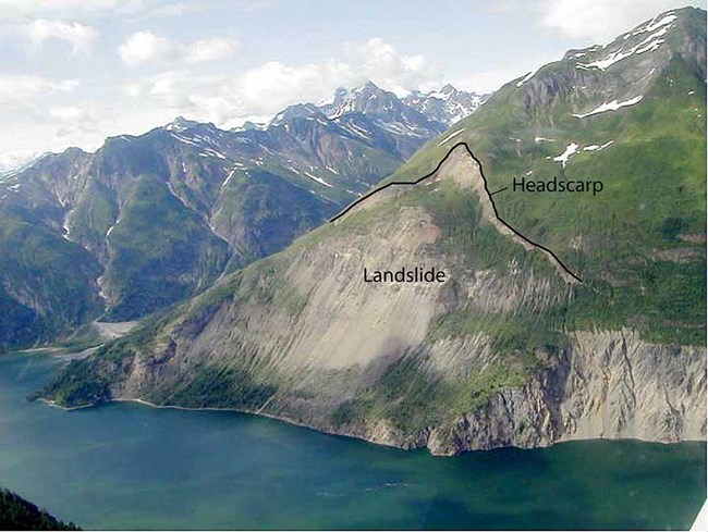An image with the escarpment of a landslide identified.