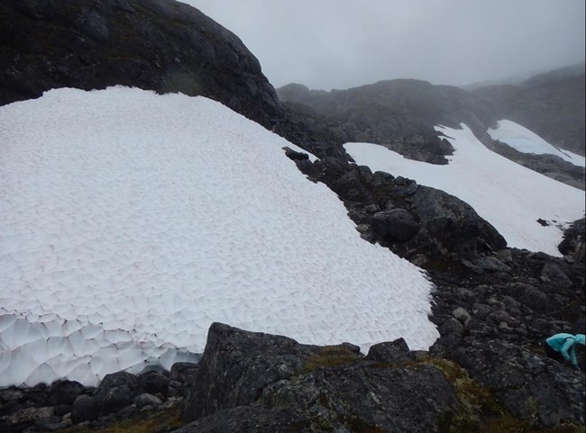 A researcher works along the edge of an ice patch.