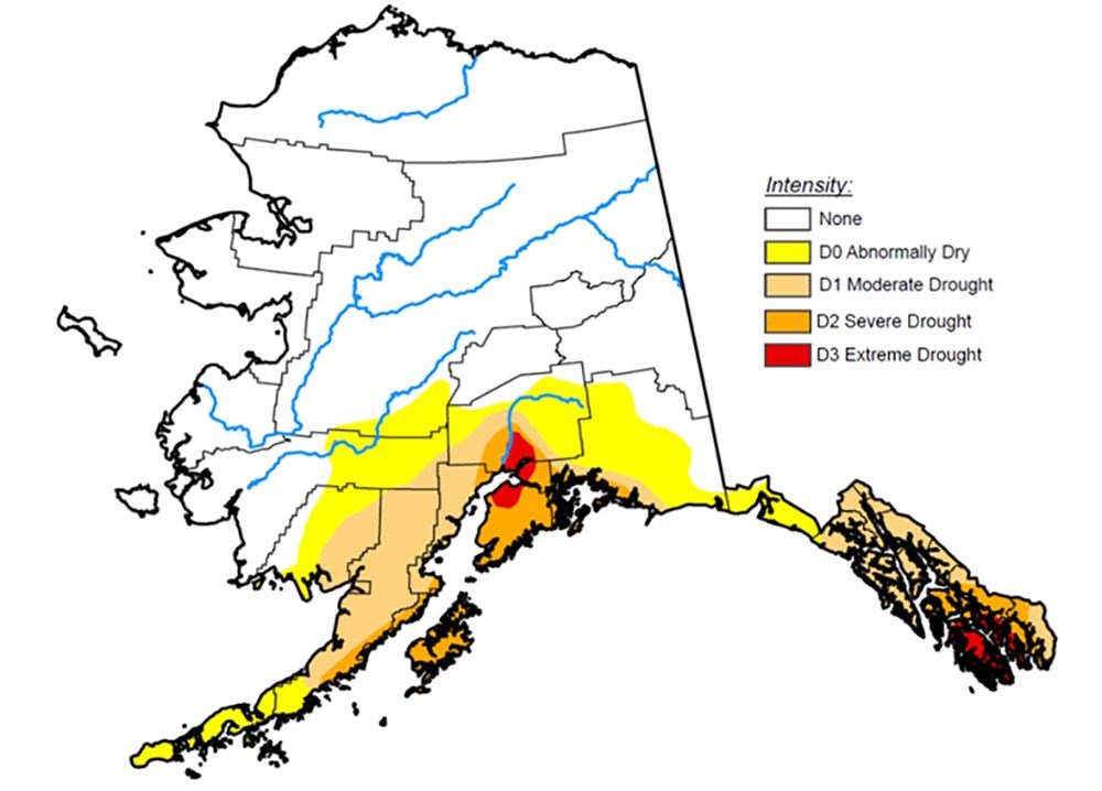 A map of Alaska with coloration indicating drought severity.