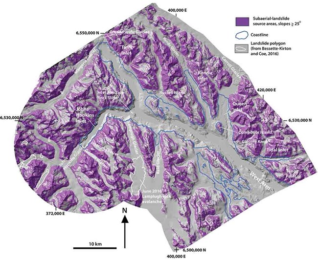 A model showing elevation and potential landslide areas.