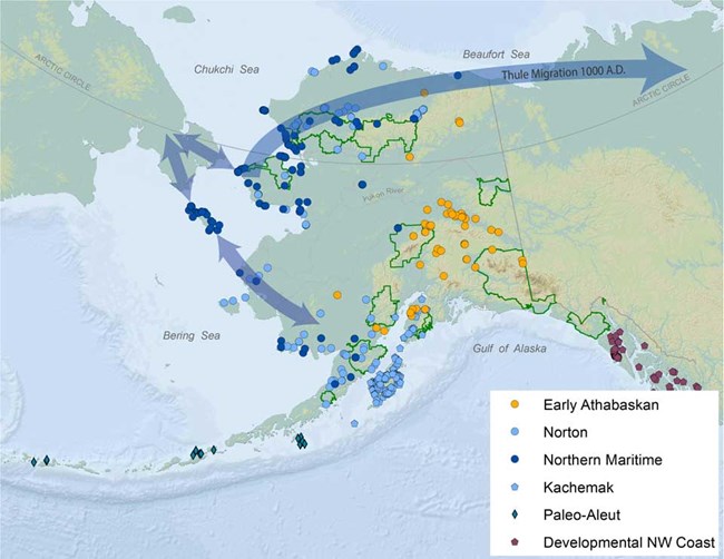 A map showing early Athabaskan and Thule migration.