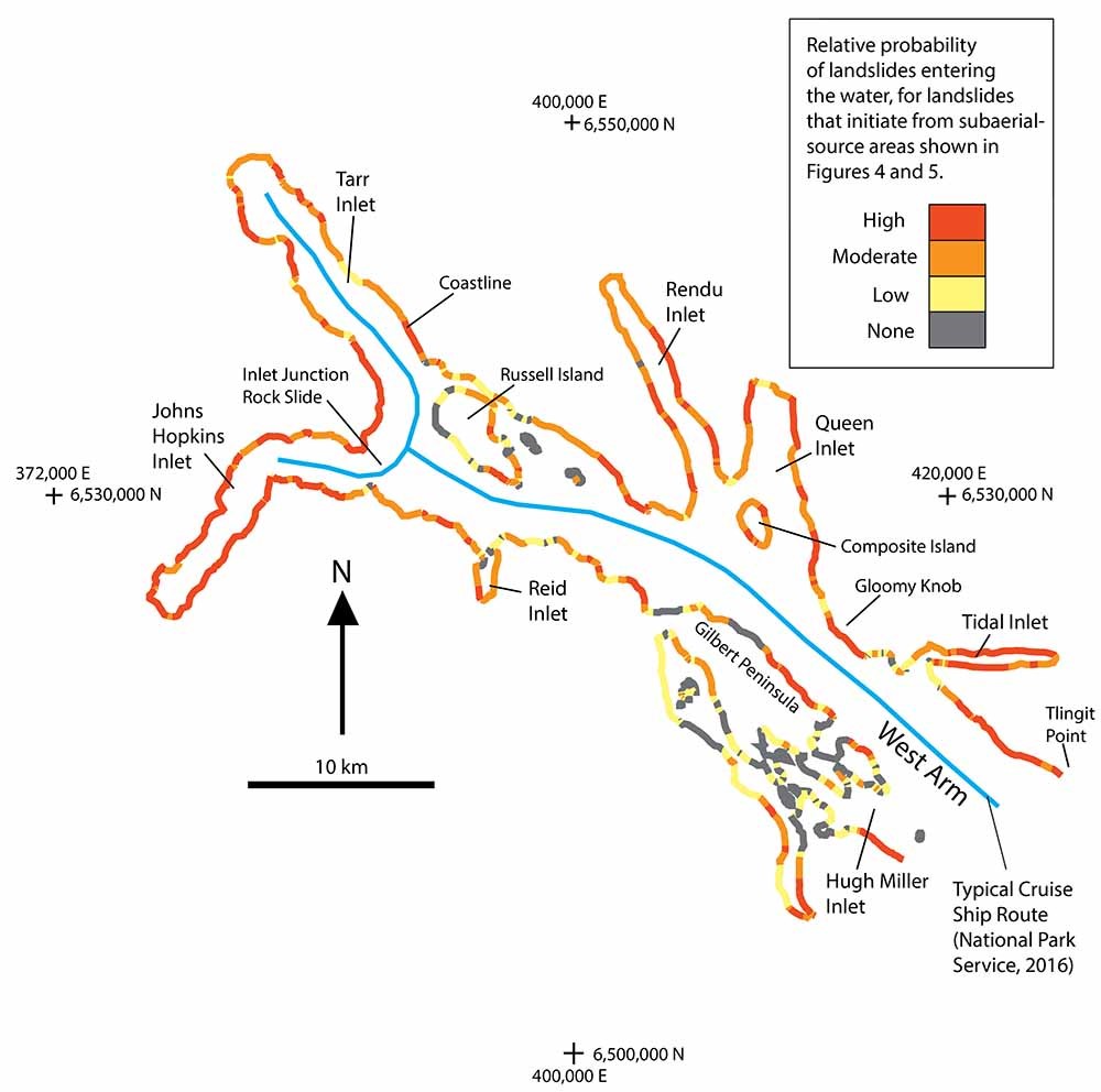 A model output map showing the susceptibility of Icy Bay to landslide-generated tsunamis.