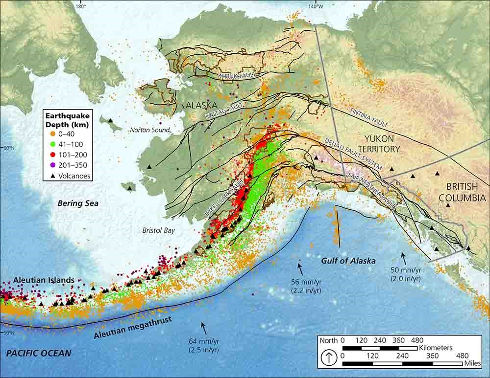 A map of Alaska showing earthquakes and their depth, volcanoes, and plate tectonics.