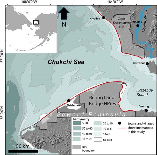 Map showing the location of Bering Land Bridge and Cape Krusenstern on the Chukchi Sea.