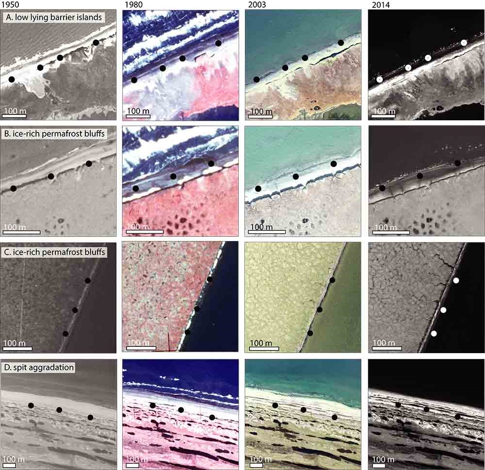 A time series of coastal images showing how the coastline has changed over time.