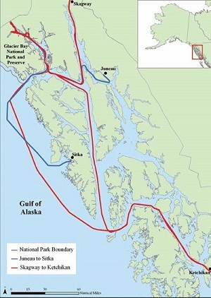 a map of cruise ship routes in and around Glacier Bay National Park and Preserve, including routes between Juneau, Sitka, Skagway, and Ketchikan