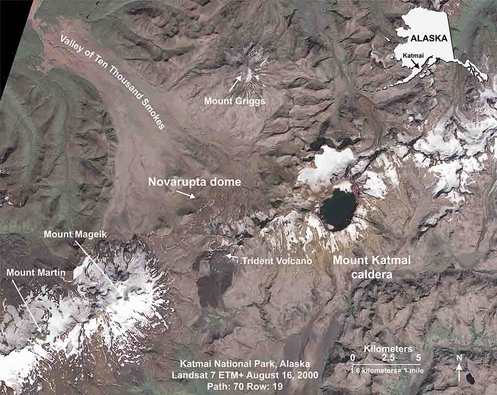 Figure1_KatmaiNP_annotatedsm_web Annotated map of the Katmai area with volcanic features labeled.