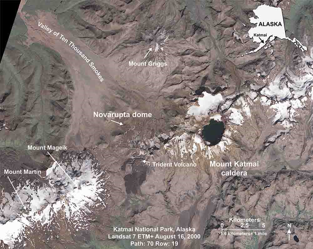 Annotated map of the Katmai area with volcanic features labeled.