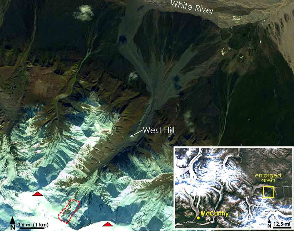 Aerial imagery showing the location of Flat Creek and the location of the glacier collapse.
