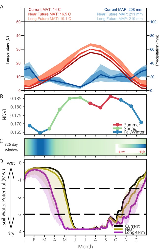 3A-Current and predicted temperature and precipitation; 3B-Monthly mean for NDVI (2001–2014); 3C- periods when soil moisture is related to changes in vegetation productivity; 3D-Average daily SWP for the current period, near future, and long-term future.